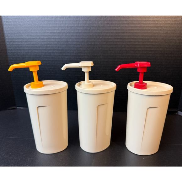 Vtg Tupperware Pump Dispensers Condiments Ketchup Mayo Mustard Set Of 3 *READ - Picture 3 of 12